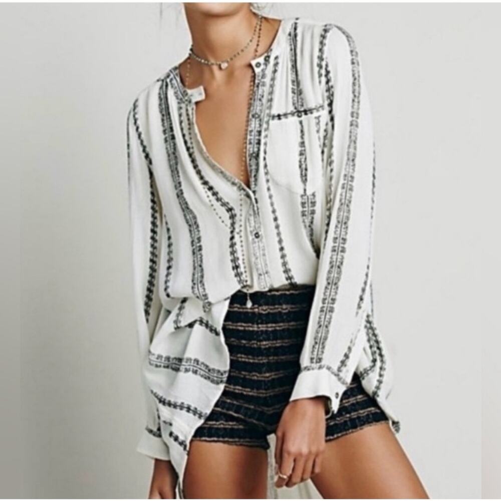 Free People White Striped Button-Front Blouse
